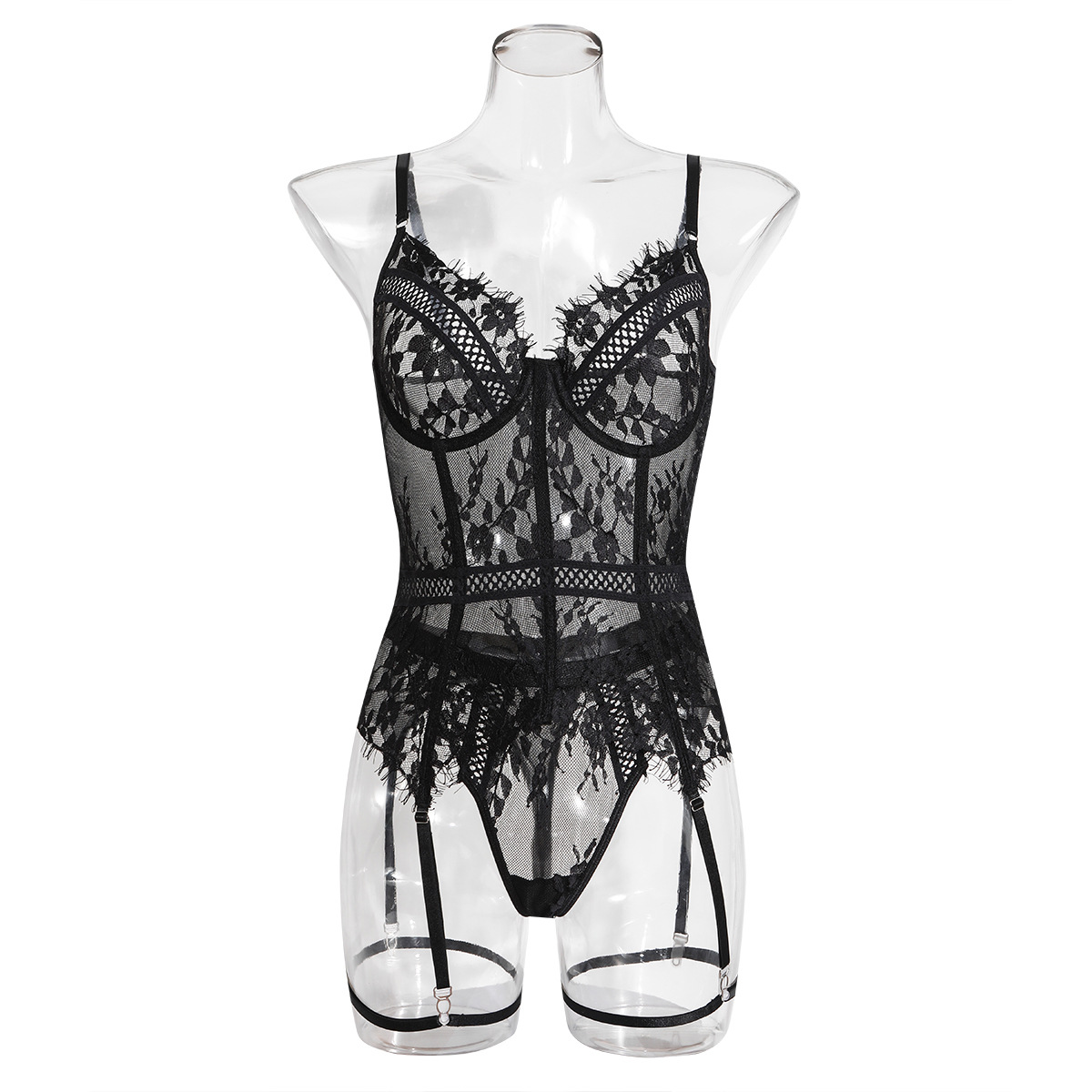 Lovingerie - Lace Flower Pattern See-through One-piece Sexy Underwear Set