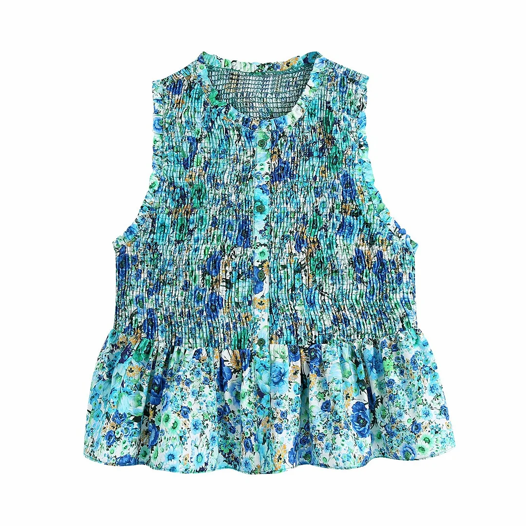 Zevity Women Sweet Floral Print Elastic Slim Short Smock Blouse Female Sleeveless Vest Shirts Chic Hem Ruffles Crop Tops LS9269