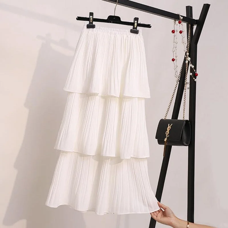 2020 3 Layered Women Skirt Black White Korean Style Long Skirt Summer Pleated Skirt Chiffon layer cake sun skirt female