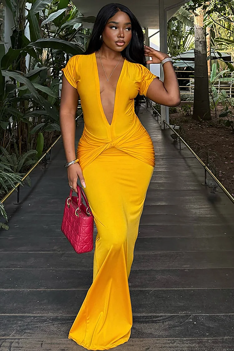 Deep V Neck Short Sleeve Twisted Ruched Fitted Plain Maxi Dresses-Yellow