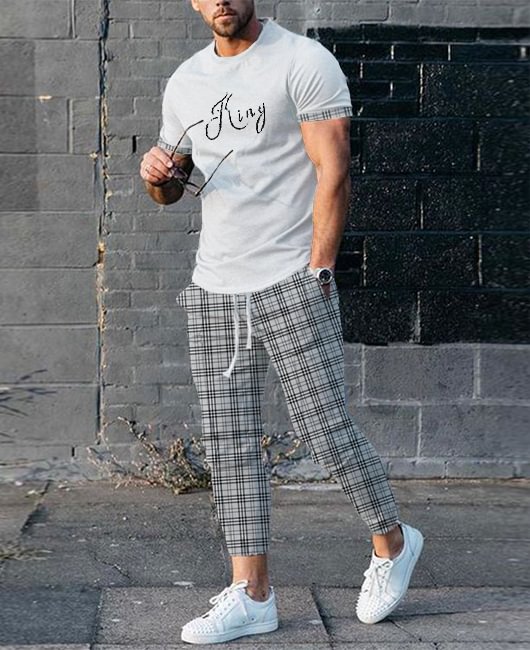 Casual Plaid Print Crew Neck Short Sleeve Shirt & Drawstring Pants 2Pcs Set