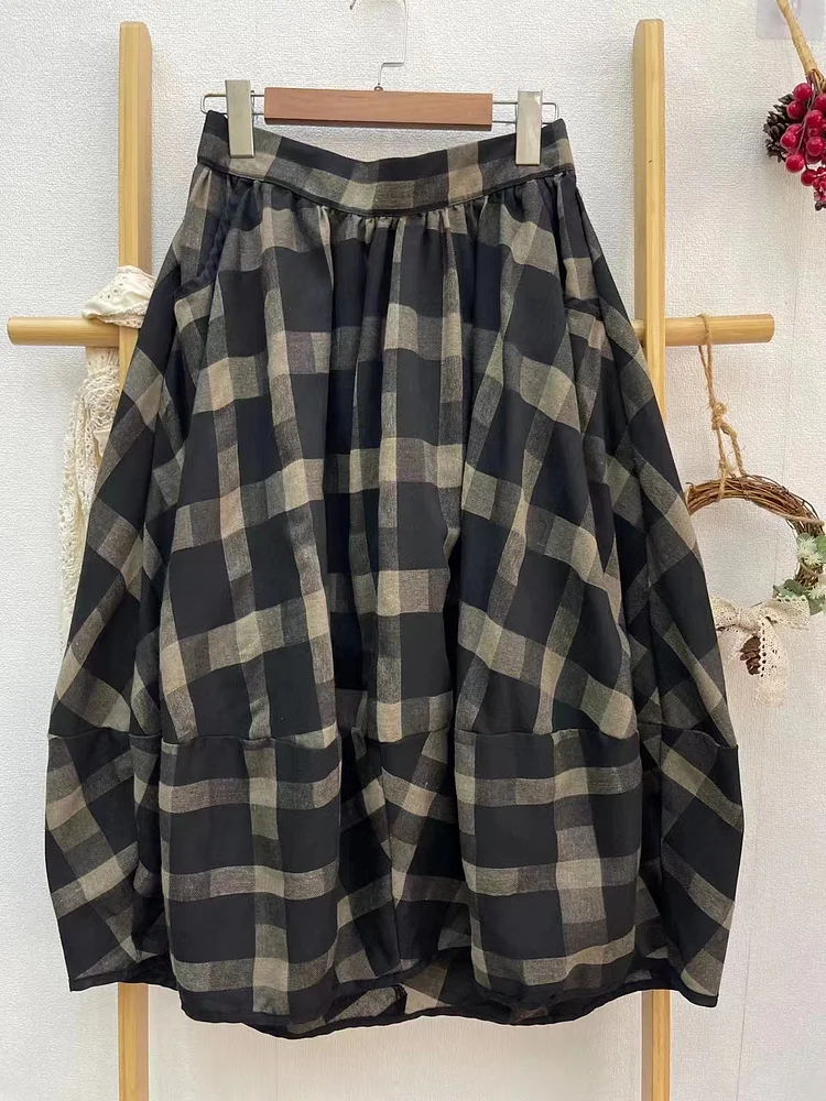 Japanese plaid cotton bract skirt art half skirt