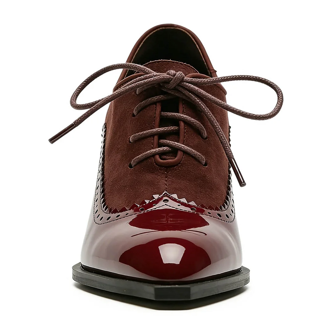 Fashion Maroon Pointed Toe Chunky Heel Lace Up Womens Oxfords