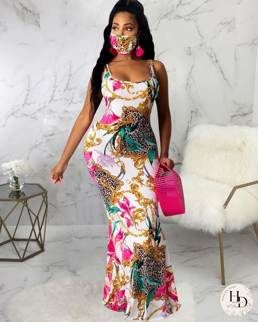 Mixed Print Thick Strap Maxi Dress P13470