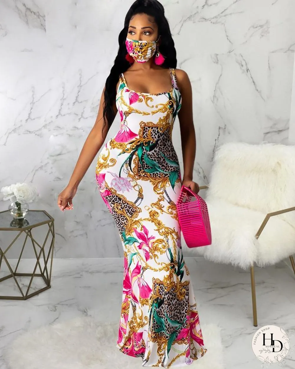 Mixed Print Thick Strap Maxi Dress P13470