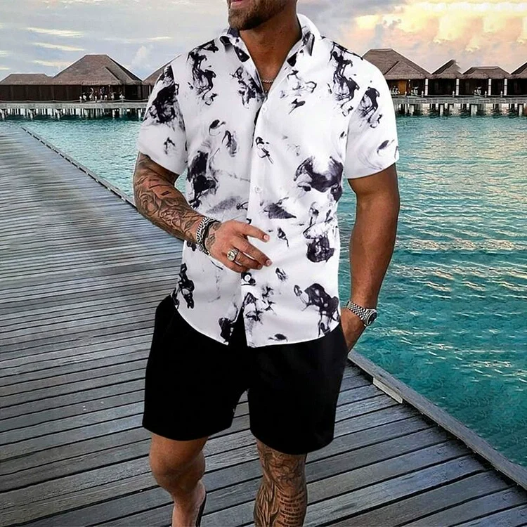 Men's Classic Casual Striped Digital Print Cuban Collar Shirt Shorts Two-Piece Set