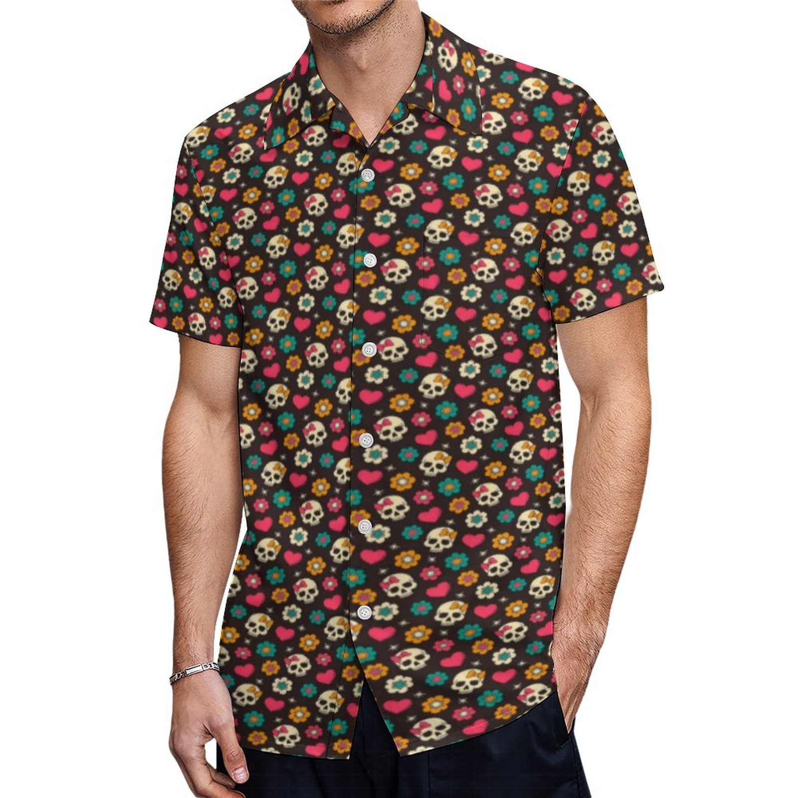 Brown With Hearts Flowers Skulls Hawaiian Shirt Mens Button Down Plus Size Tropical Hawaii Beach Shirts