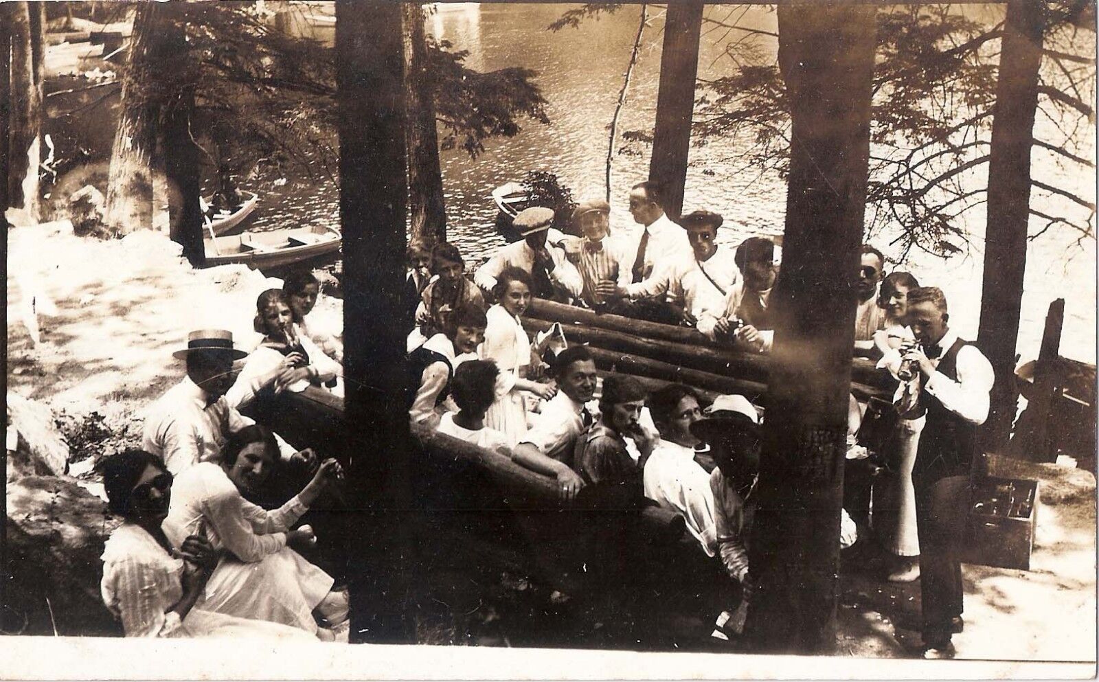 RPPC Antq Young Men & Women In Picnic Lake/River Real Photo Poster painting Postcard cir 1920's