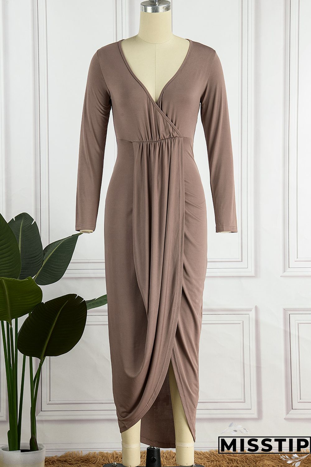 Ink Green Casual Solid Patchwork V Neck Long Sleeve Dresses