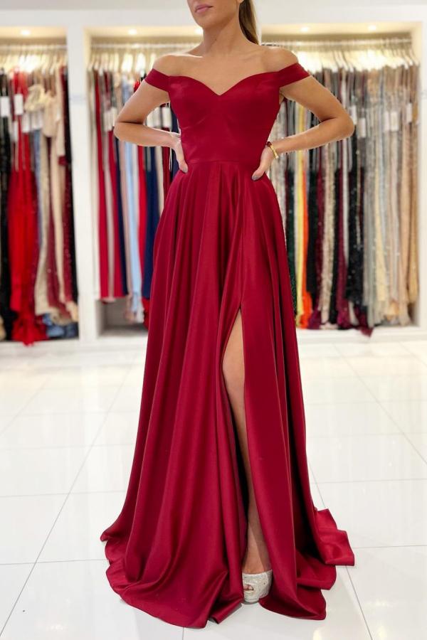 Dresseswow Off-the-Shoulder Burgundy Long Prom Dress With Slit