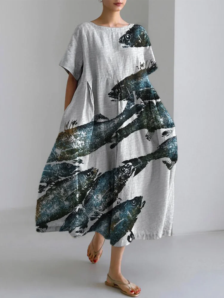 Japanese Art Gyotaku Linen Blend Maxi Dress