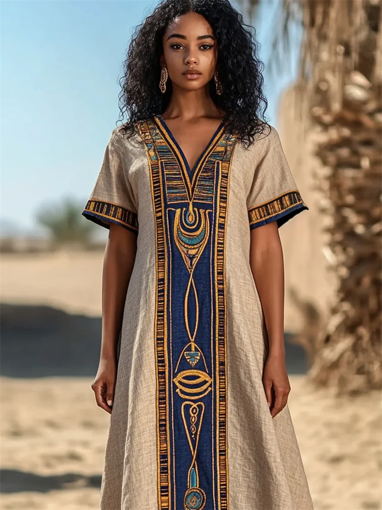 Ancient Egyptian Embroidered Contrast Linen Maxi Kaftan