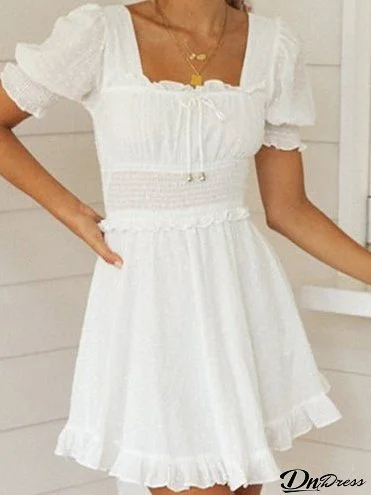 Pure Color Square Neck Puff Sleeve Skirt for Women