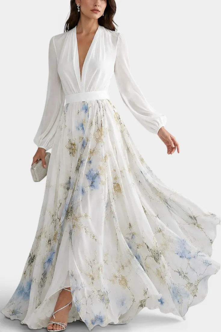 Draped V-Neck Long Sleeve Maxi Dress with Floral Skirt