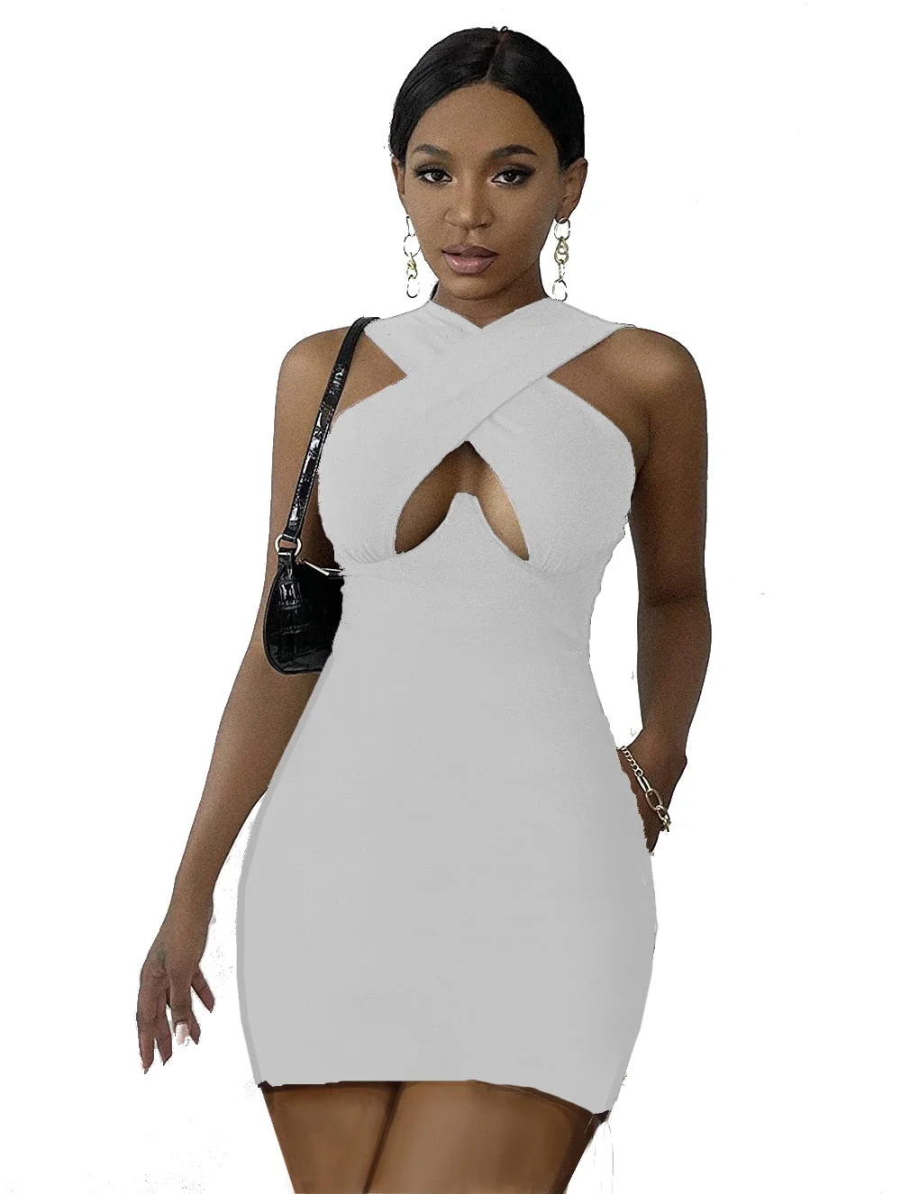 wsevypo New Solid Color Cut Out Front Wrap Mini Dress Summer Office Lady Cross Halter Neck Sleeveless Pencil Dess Women Clothes