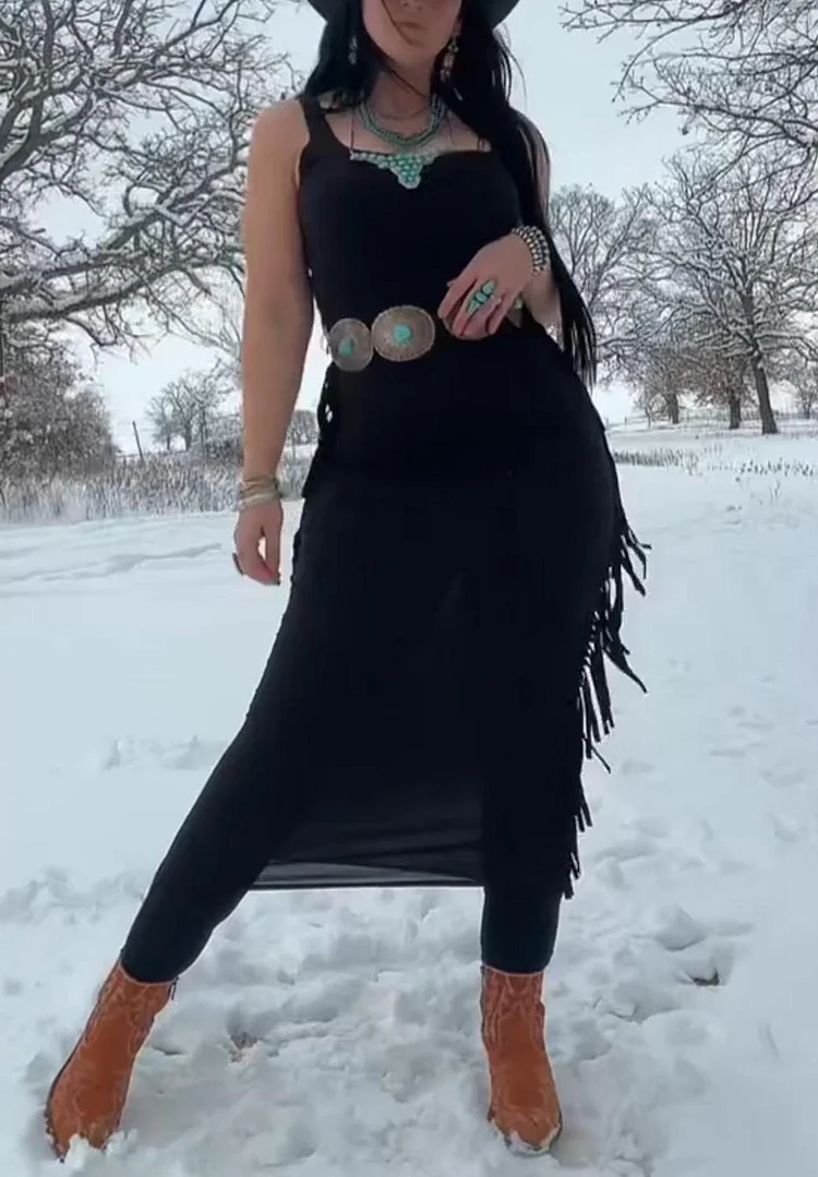 Black Suspenders Tassel Maxi Dress