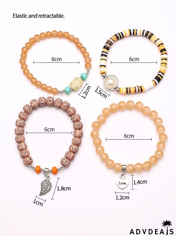 4pcs Letter Detail Heart Charm Beaded Bracelet