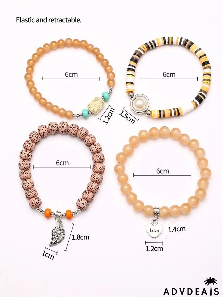 4pcs Letter Detail Heart Charm Beaded Bracelet