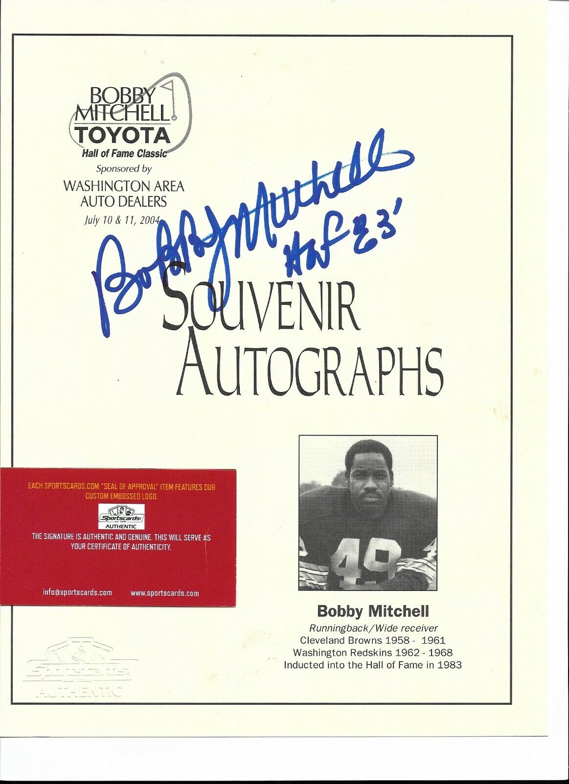 Washington Football ~ Bobby Mitchell D.20 ~ Signed 8x10 Autographed Photo Poster painting SC SOA