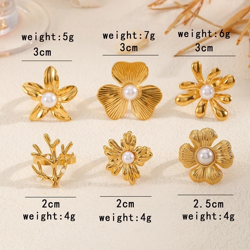Elegant Flower 304 Stainless Steel Pearl Inlay Open Rings