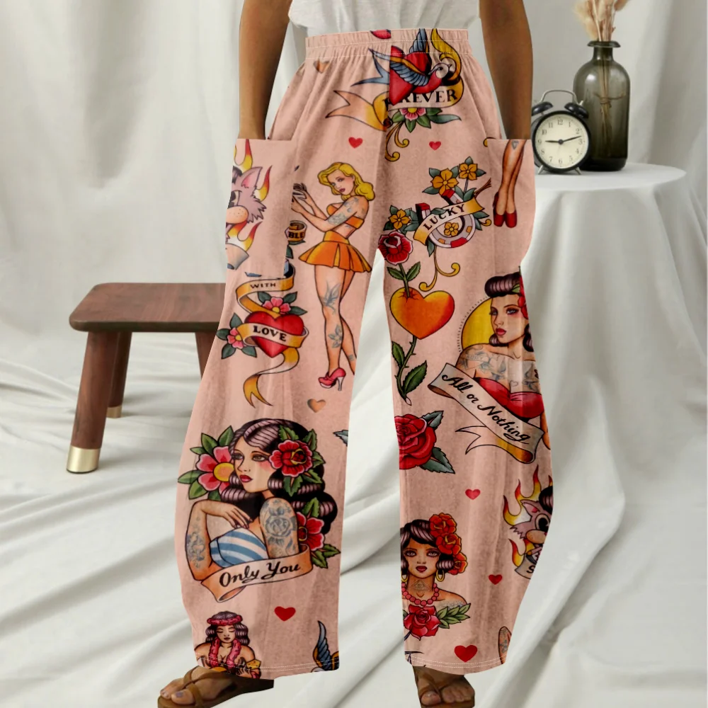 Women's Loose Fitting Retro Pink Printed Pants.