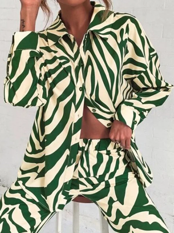 Zebra-Stripe Plus Size Long Sleeves Buttoned Lapel Blouses Top + Elasticity Pants Bottom Two Pieces Set