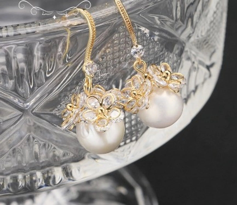 1 Pair 925 Sterling Silver Pearl Flower Drop Earrings