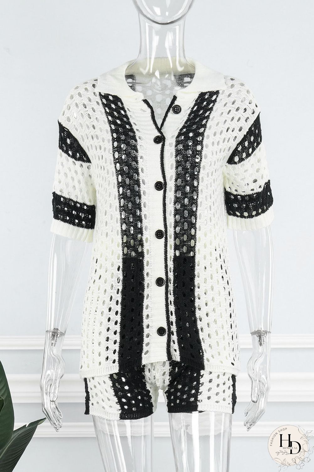 Rose Red Sexy Hollowed Out Patchwork Buckle Turndown Collar Short Sleeve Two Pieces