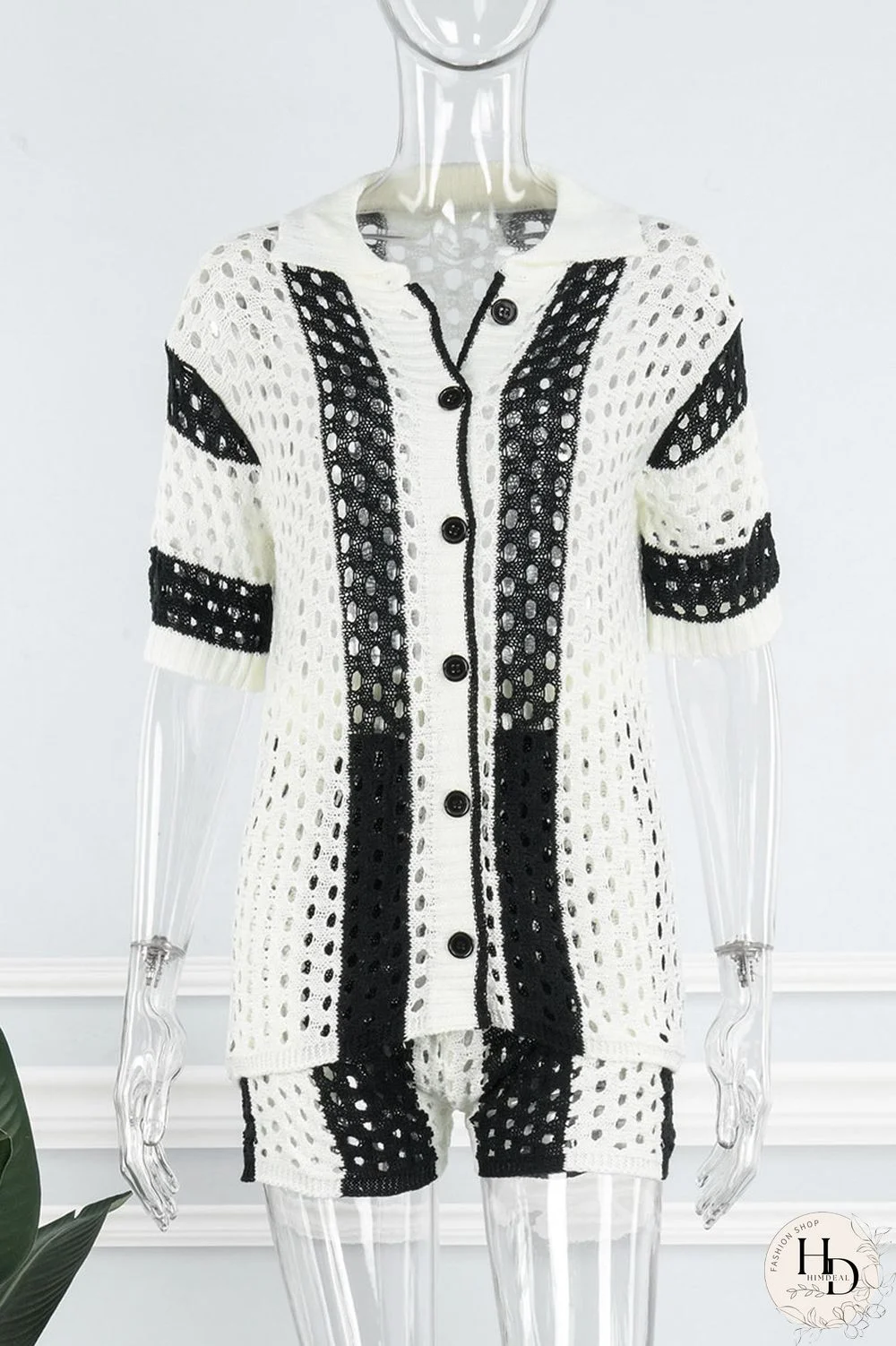 Rose Red Sexy Hollowed Out Patchwork Buckle Turndown Collar Short Sleeve Two Pieces