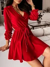 Velvet Solid Color Bandage  Puff Sleeve  Mini Dress