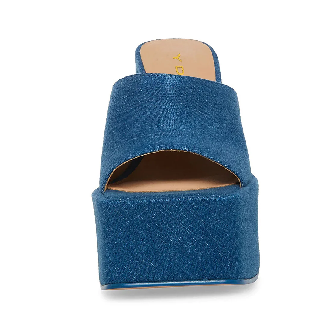 Blue Denim Square Toe Wide Band Platform Mules with Block Heel