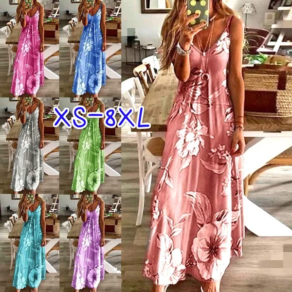XS-8XL Summer Dresses Plus Size Fashion Clothes Women's Casual Sleeveless Dress Deep V-neck Party Dresses Ladies Casual Spaghetti Strap Long Dress Loose Floral Printed Halter Beach Wear Maxi Dress