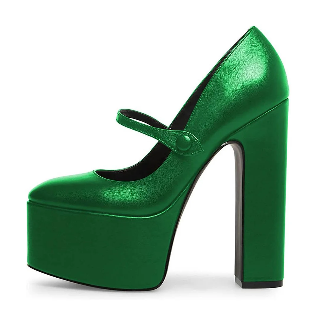 YDN Chic Green Round Toe Chunky High Heel Strap Platform Mary Janes