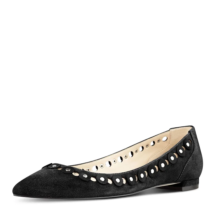 Black Studs Embellishment Hollow out Pointy Toe Comfortable Flats |FSJ Shoes