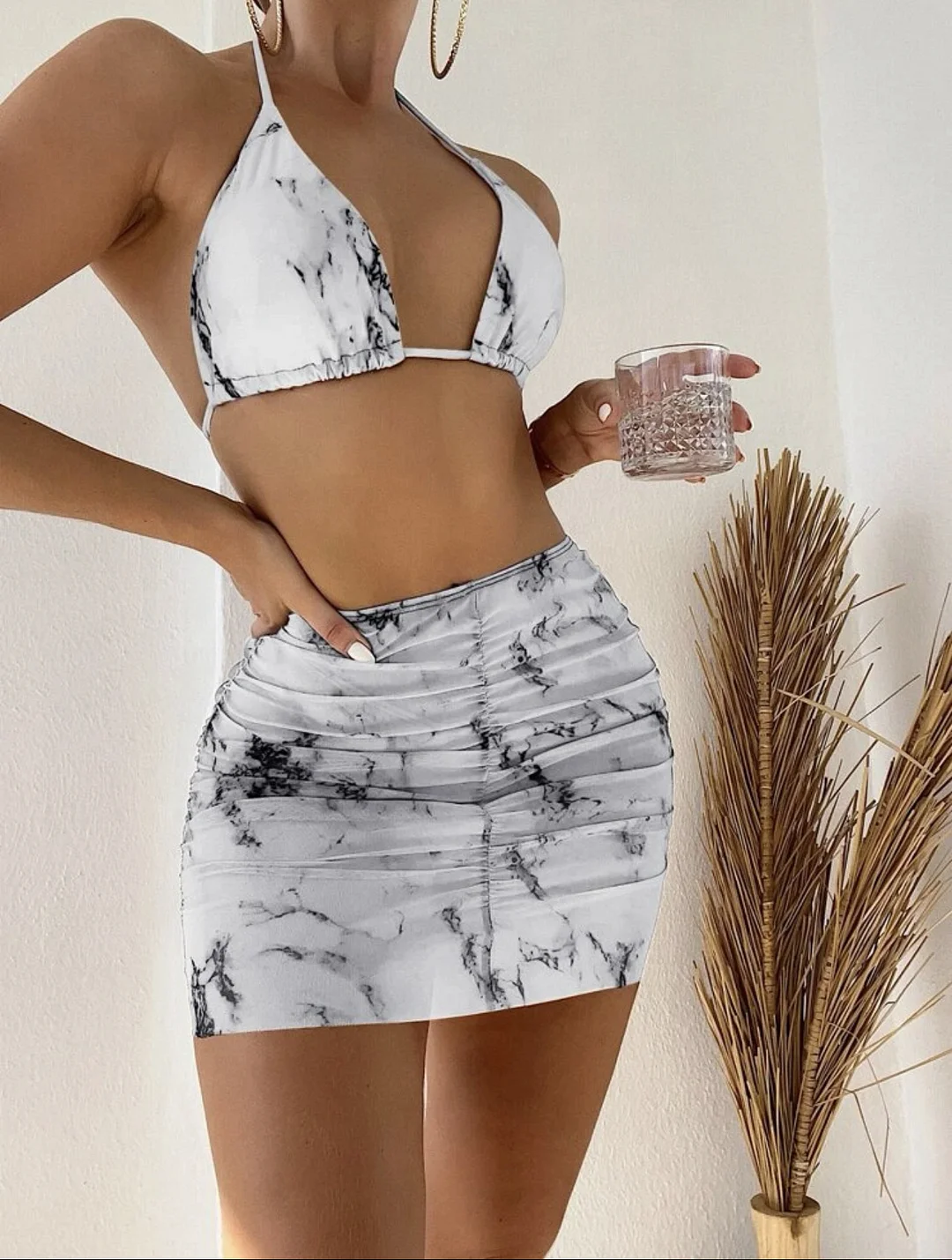 Uveng 2022 New Marble Printed Mesh Three-Piece Short Skirt Swimsuit Bikini