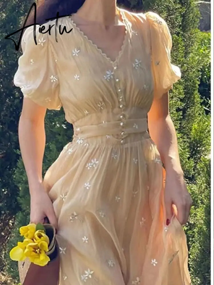 Elegant Vintage Midi Dress Women Casual Short Sleeve Boho Beach Sundress Office Lady Summer Floral Dress Korean Chic V-neck Aiertu