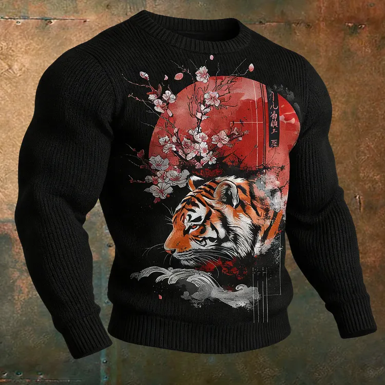 Men's Retro Japanese Sakura Tiger Art Pattern Knit Sweater