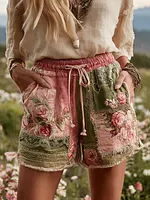 Women's Patchwork Rose Floral Waist Drawstring Pocket Shorts