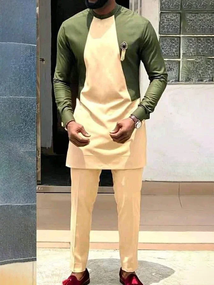 Men's fashion and leisure yellow-green printed long sleeve two-piece set