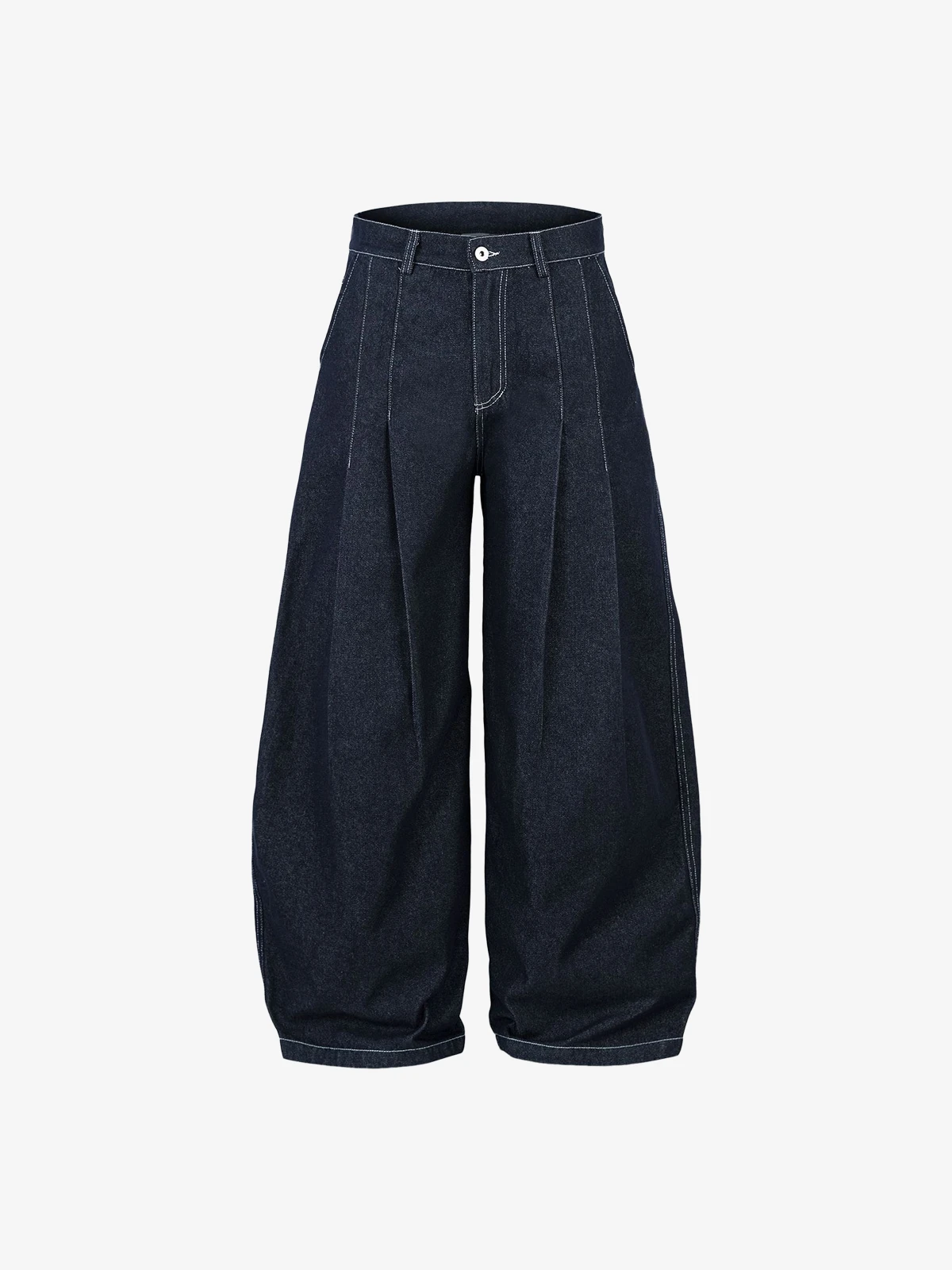 Blue Actchic Contrast Stitch Ruched Baggy Jeans Front