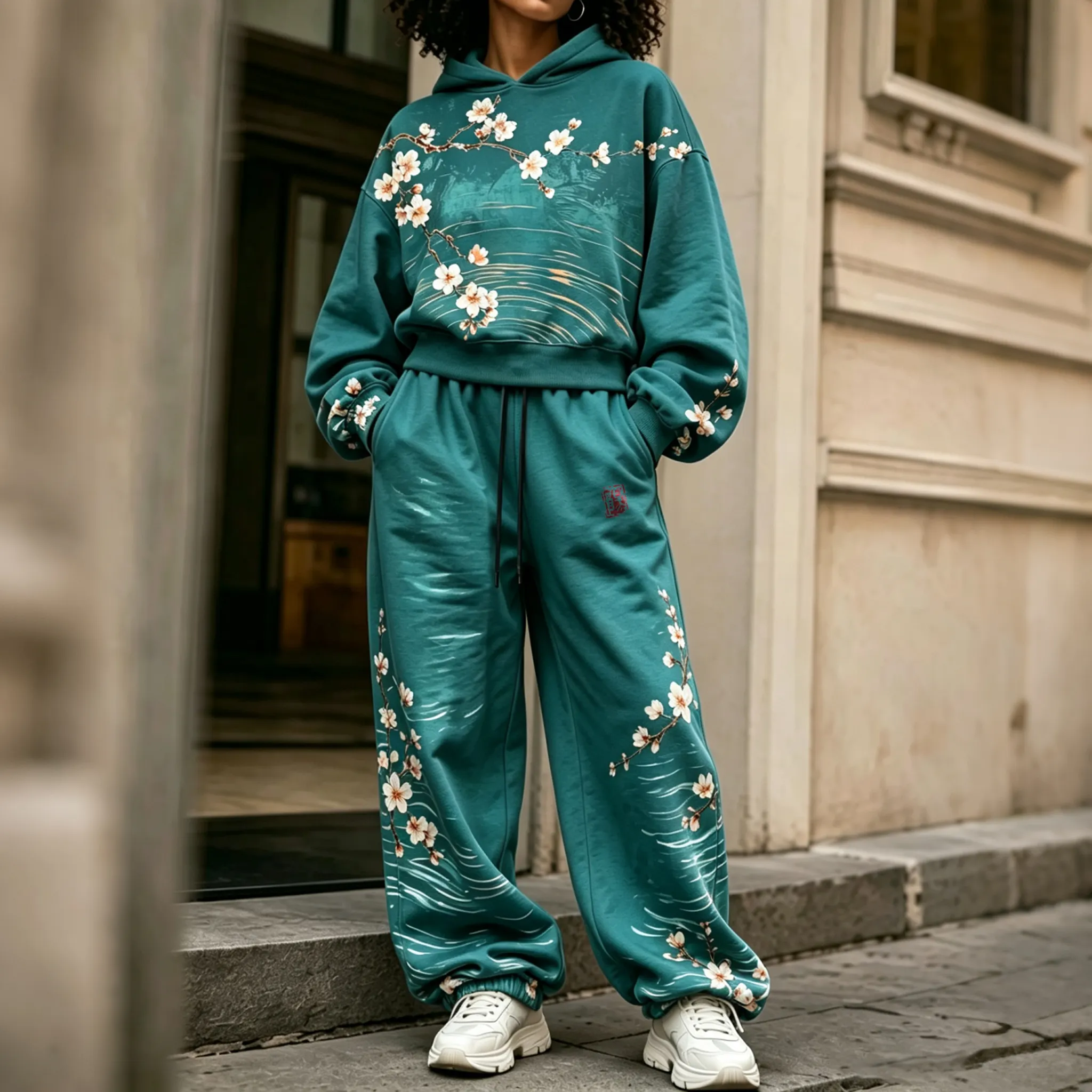 Comstylish Women's Vintage Japanese Cherry Blossom Art Print Hoodie Two Piece Set