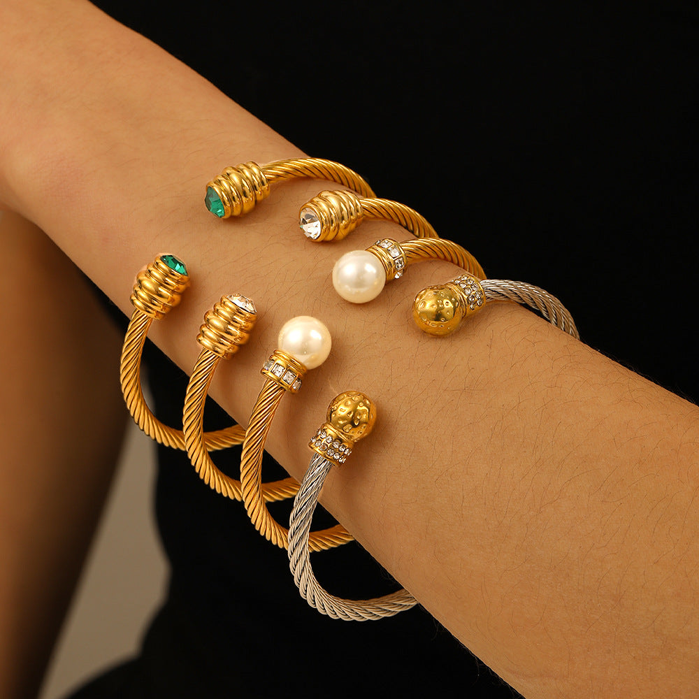 Stainless Steel Wire Rope Gold Bracelet Titanium Steel Open Trend Pearl Ladies Fashion High-End Bracelet