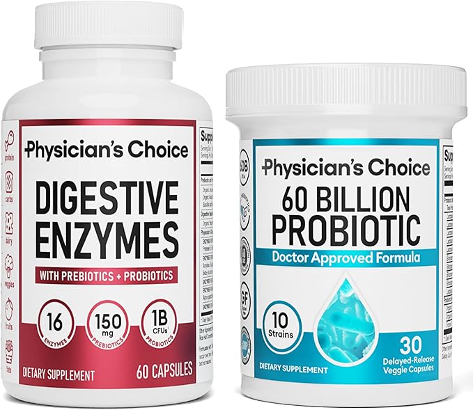Digestive Enzymes 60ct + 60B Probiotic 30ct | Value Digestive Bundle by Physician's Choice