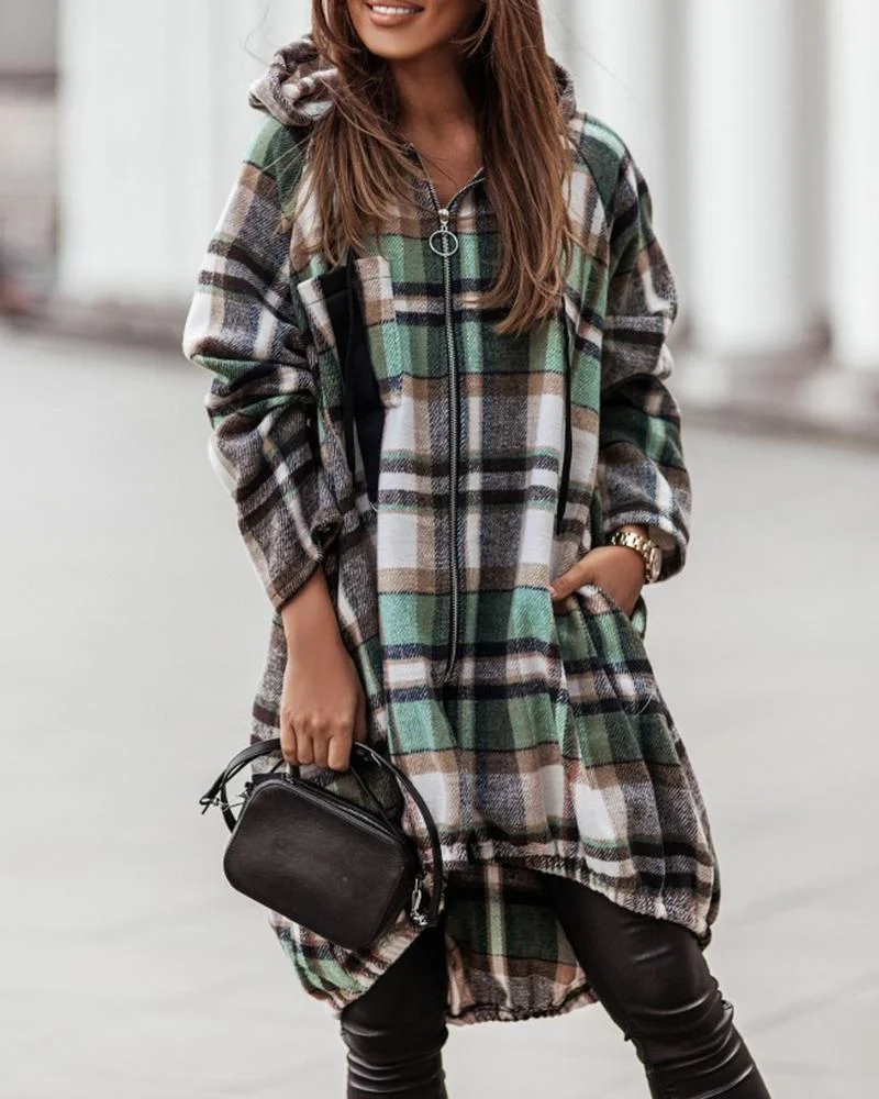 Women's Long Sleeve Shirt Casual Check Print Hooded Loose Coat
