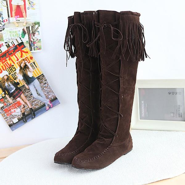 VCSHOES Tassels Lace UP Round Toe Suede Flat Knee-length Long Boots