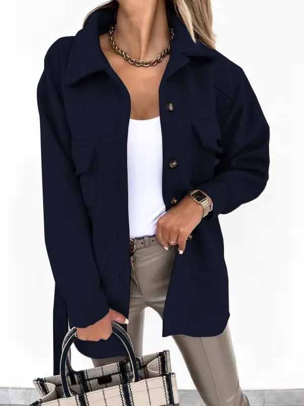 2021 fall/winter lapel single-breasted thick solid color shirt woolen loose coat women