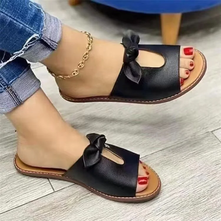 Breakj Breakj Summer Women's Flat-Bottomed Slippers Bows Decorate Wide Strip Slippers Solid-Colored Large-Size Flat-Bottomed Sandals