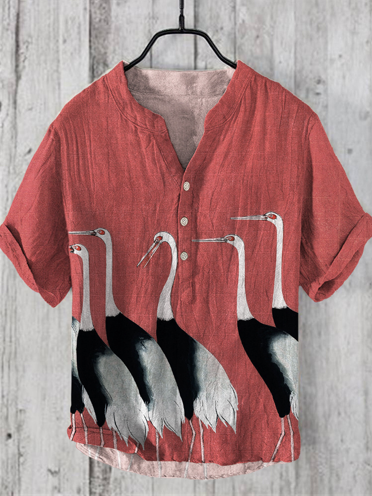 Crane Japanese Art Print Linen V-Neck Shirt  artssus