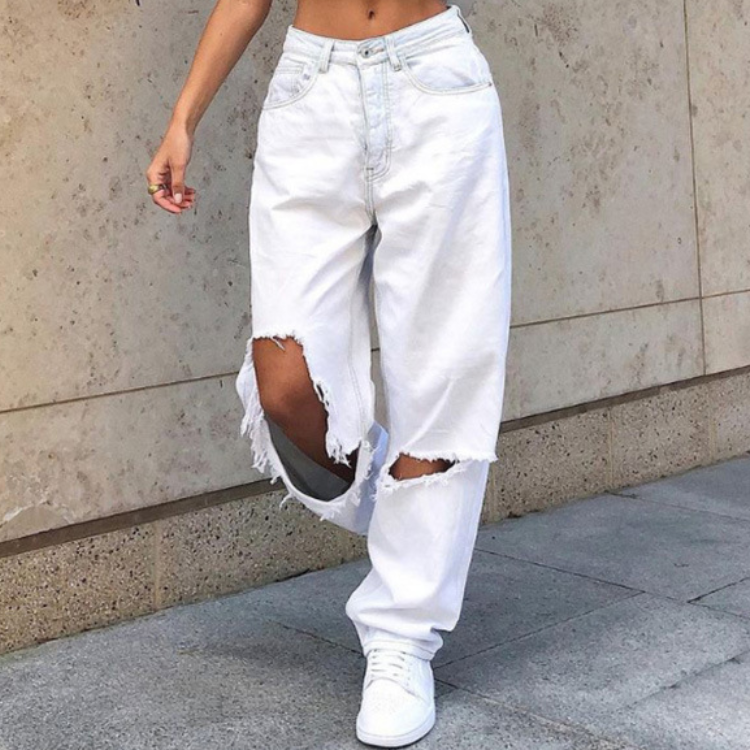 Big Ripped White Jeans Pants For Ladies-luchamp:luchamp