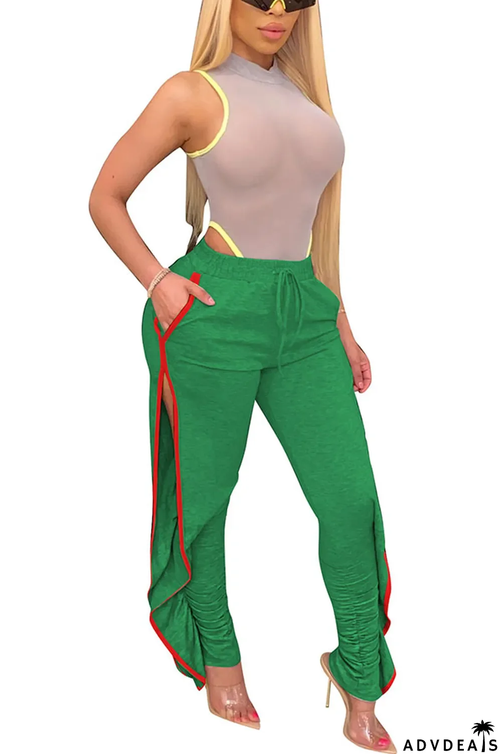 Grey Black Grey Blue Green Yellow Cotton Drawstring Sleeveless Mid Patchwork Solid Split Draped Straight Pants Bottoms